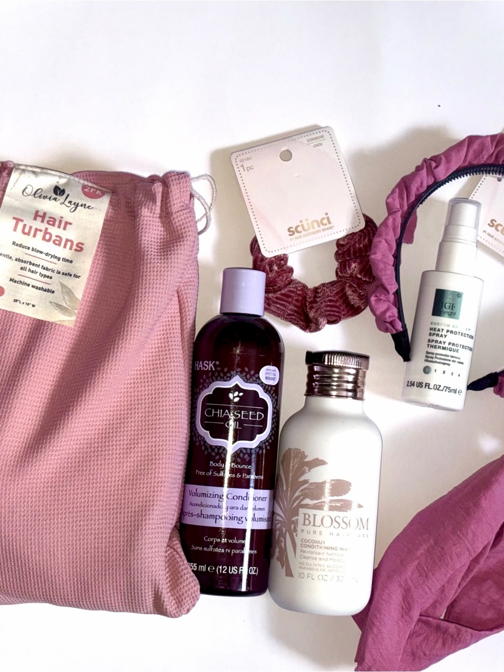7 PC Hair Set: Hask Condition, Blossom Wash, Tigi Heat Spray, Hair Turban&Scunci